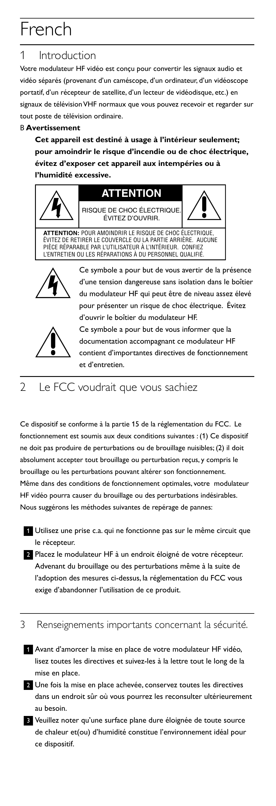 French, 1 introduction, 2 le fcc voudrait que vous sachiez | Attention, 3 renseignements importants concernant la sécurité | Philips SWS2100W-27 User Manual | Page 6 / 12