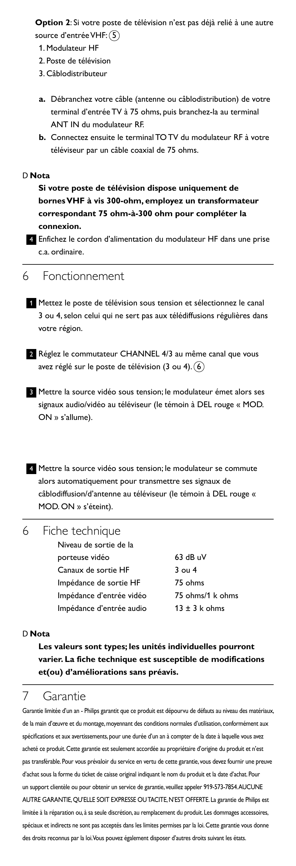 6 fonctionnement, 6 fiche technique, 7 garantie | Philips SWS2100W-27 User Manual | Page 9 / 12