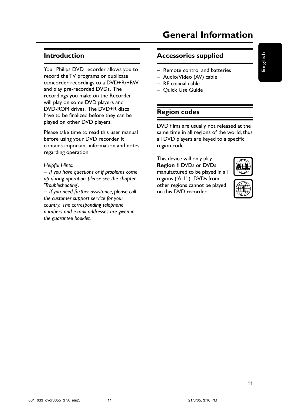 General information | Philips DVDR3355-37B User Manual | Page 11 / 60