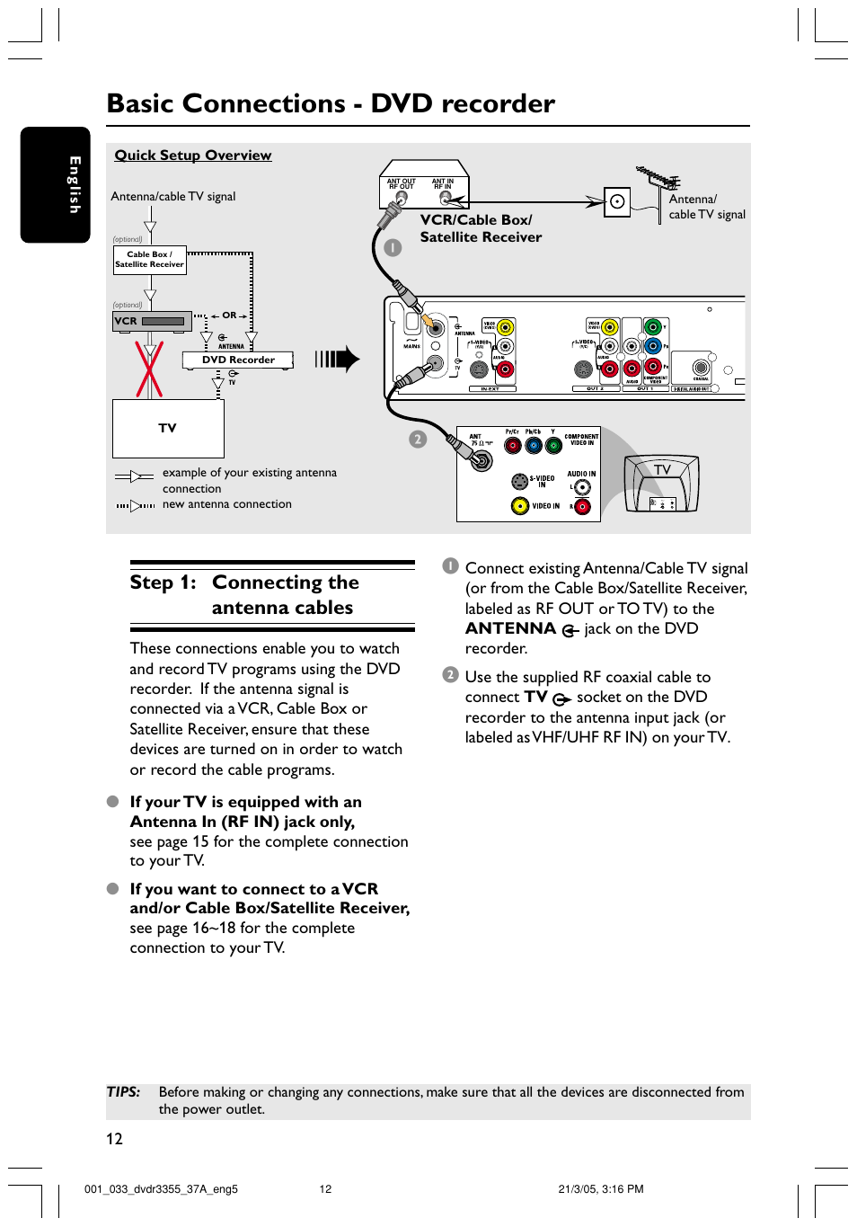 Basic connections - dvd recorder, Step 1: connecting the antenna cables | Philips DVDR3355-37B User Manual | Page 12 / 60