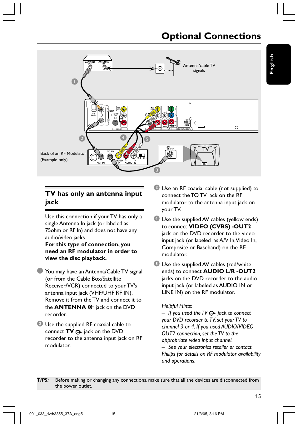 Optional connections, Tv has only an antenna input jack | Philips DVDR3355-37B User Manual | Page 15 / 60