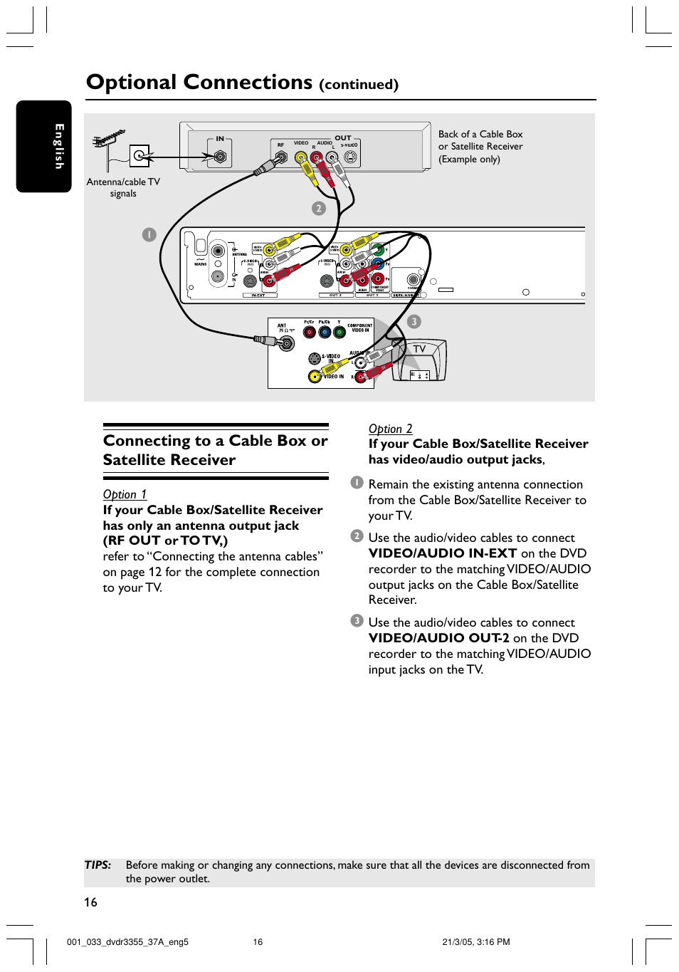 Optional connections, Connecting to a cable box or satellite receiver, Continued) | Philips DVDR3355-37B User Manual | Page 16 / 60