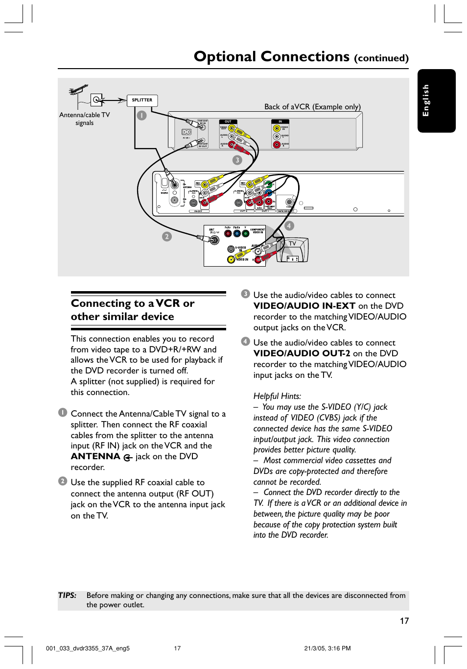 Optional connections, Connecting to a vcr or other similar device, Continued) | English | Philips DVDR3355-37B User Manual | Page 17 / 60