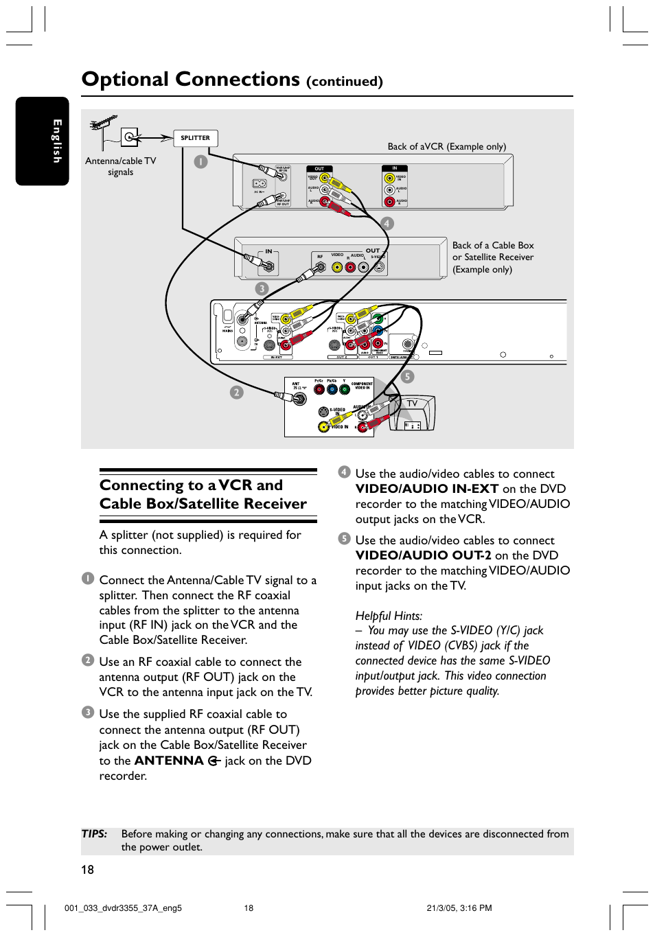 Optional connections, Continued), English | Philips DVDR3355-37B User Manual | Page 18 / 60