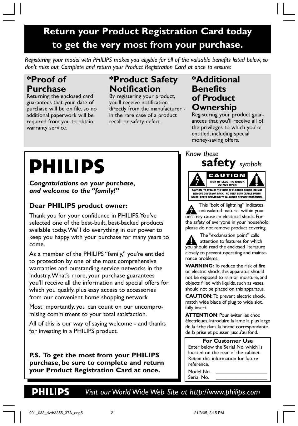 Safety, Proof of purchase, Product safety notification | Additional benefits of product ownership | Philips DVDR3355-37B User Manual | Page 2 / 60