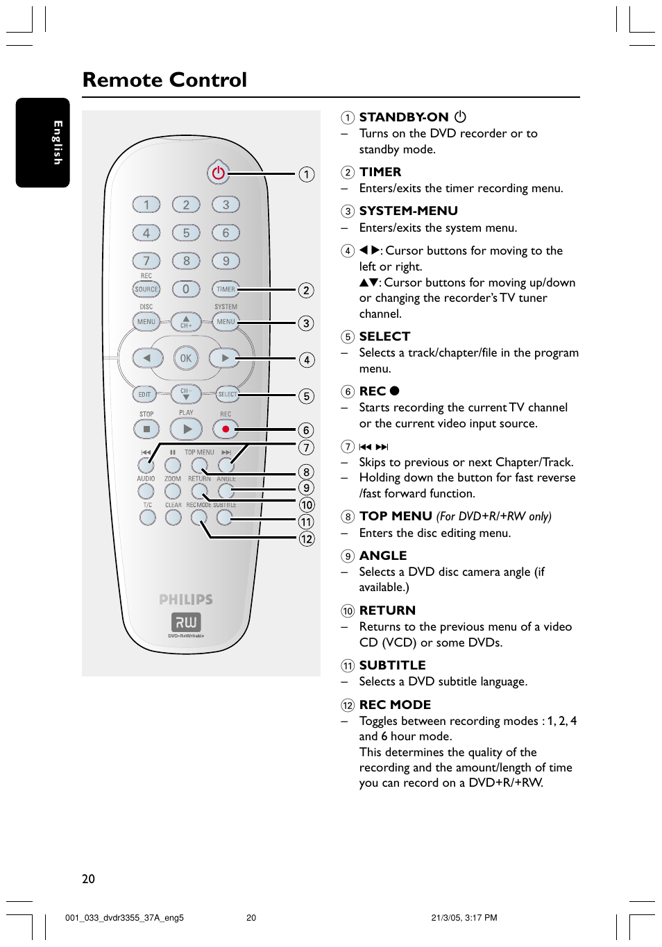 Remote control | Philips DVDR3355-37B User Manual | Page 20 / 60