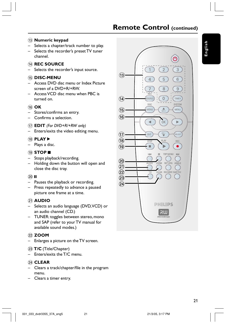 Remote control | Philips DVDR3355-37B User Manual | Page 21 / 60