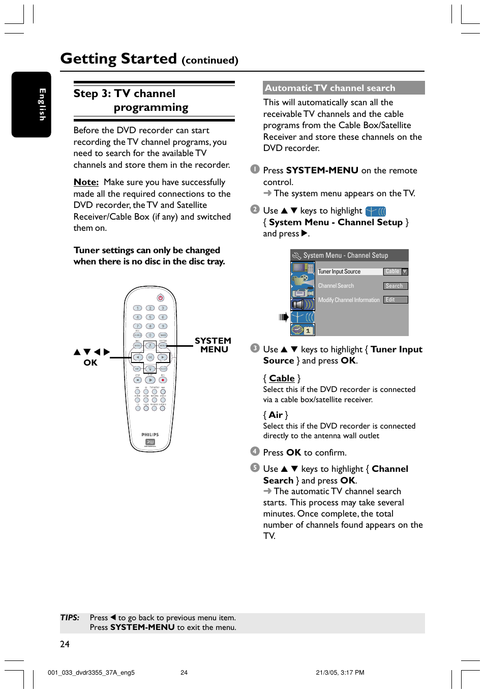 Getting started, Step 3: tv channel programming | Philips DVDR3355-37B User Manual | Page 24 / 60