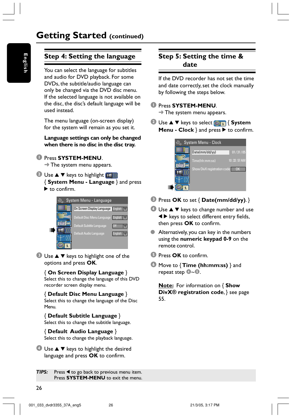 Getting started, Step 4: setting the language, Step 5: setting the time & date | Philips DVDR3355-37B User Manual | Page 26 / 60