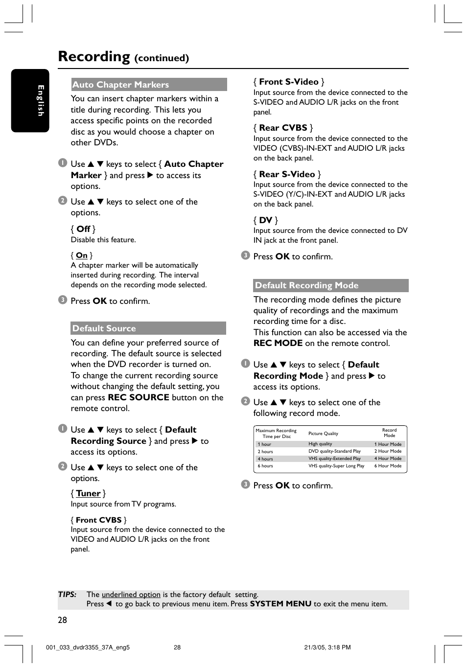 Recording, Continued) | Philips DVDR3355-37B User Manual | Page 28 / 60