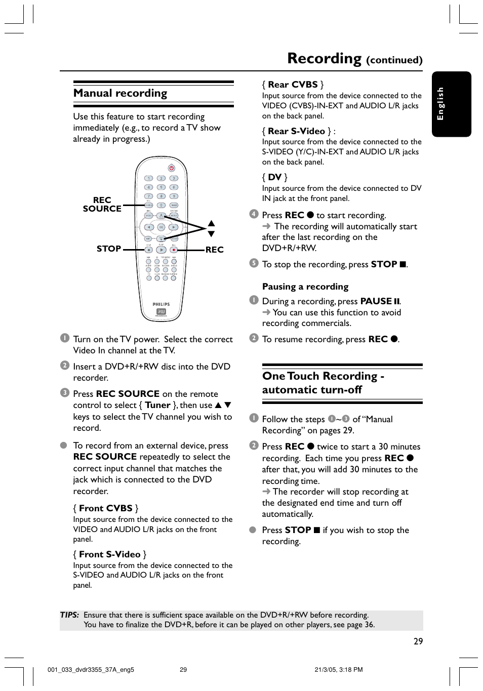 Recording, Manual recording, One touch recording - automatic turn-off 1 | Philips DVDR3355-37B User Manual | Page 29 / 60