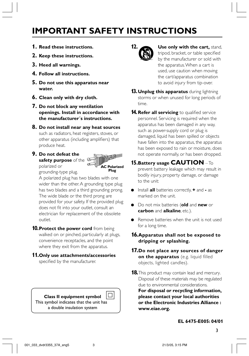 Important safety instructions, Caution | Philips DVDR3355-37B User Manual | Page 3 / 60