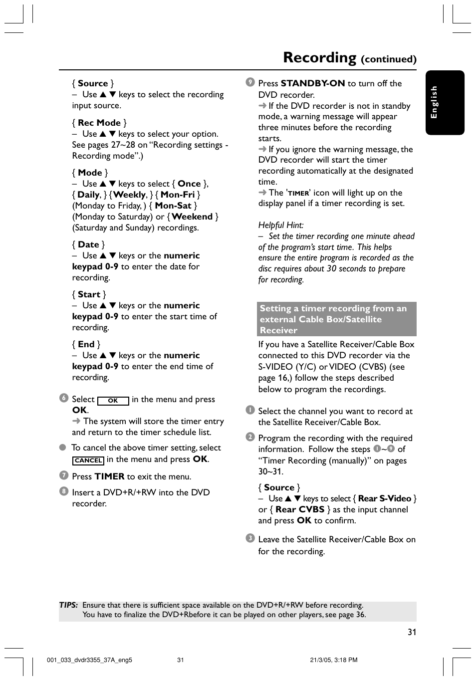 Recording | Philips DVDR3355-37B User Manual | Page 31 / 60