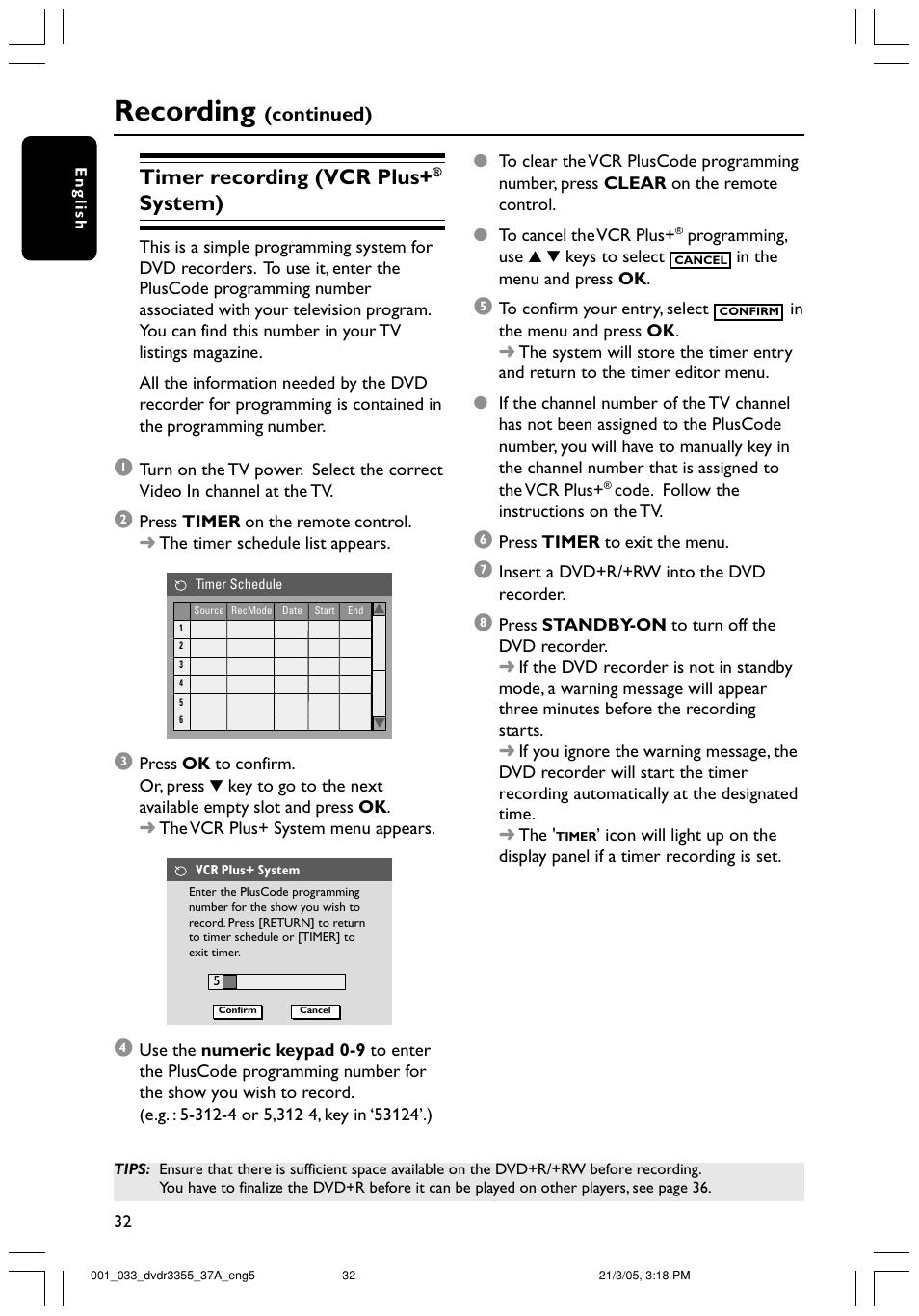 Recording, Timer recording (vcr plus, System) | Continued) | Philips DVDR3355-37B User Manual | Page 32 / 60