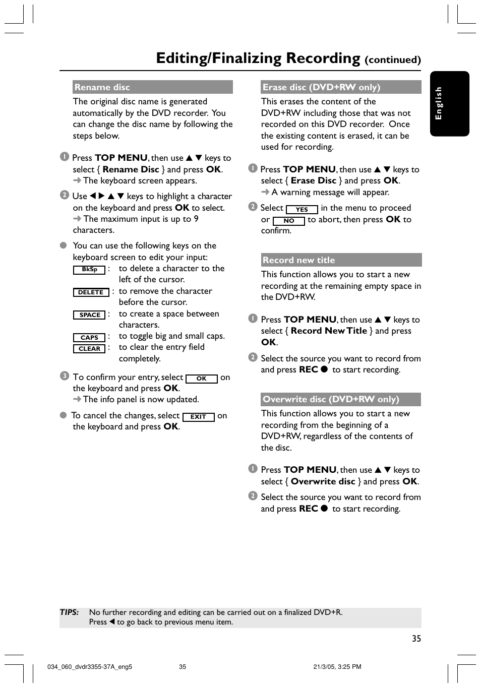 Editing/finalizing recording | Philips DVDR3355-37B User Manual | Page 35 / 60