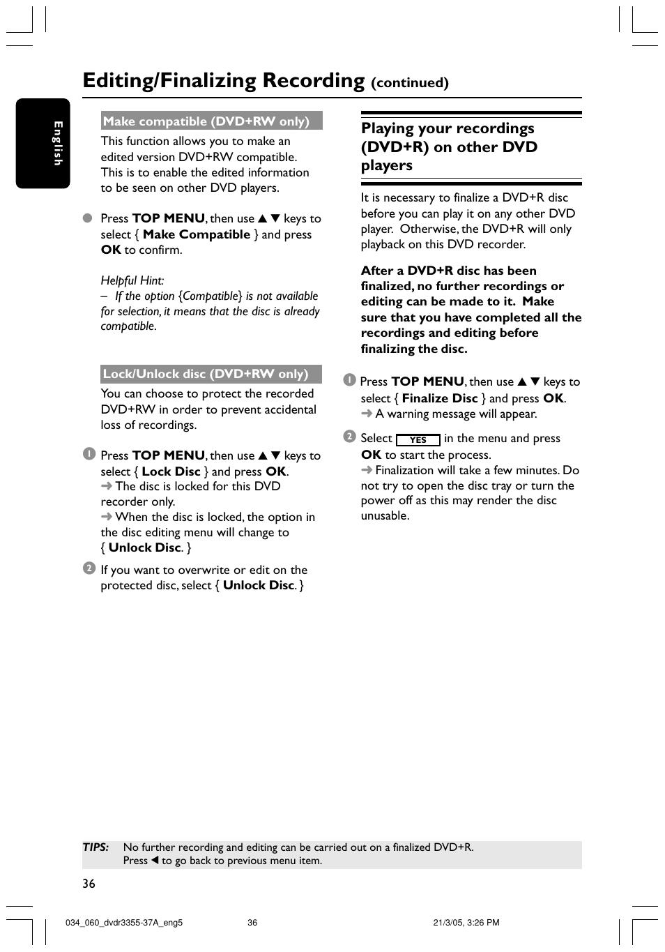 Editing/finalizing recording | Philips DVDR3355-37B User Manual | Page 36 / 60