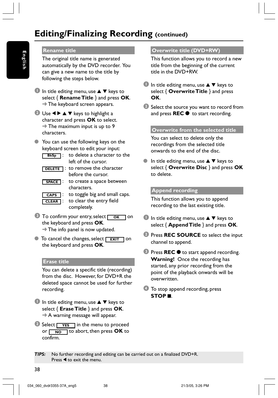 Editing/finalizing recording | Philips DVDR3355-37B User Manual | Page 38 / 60