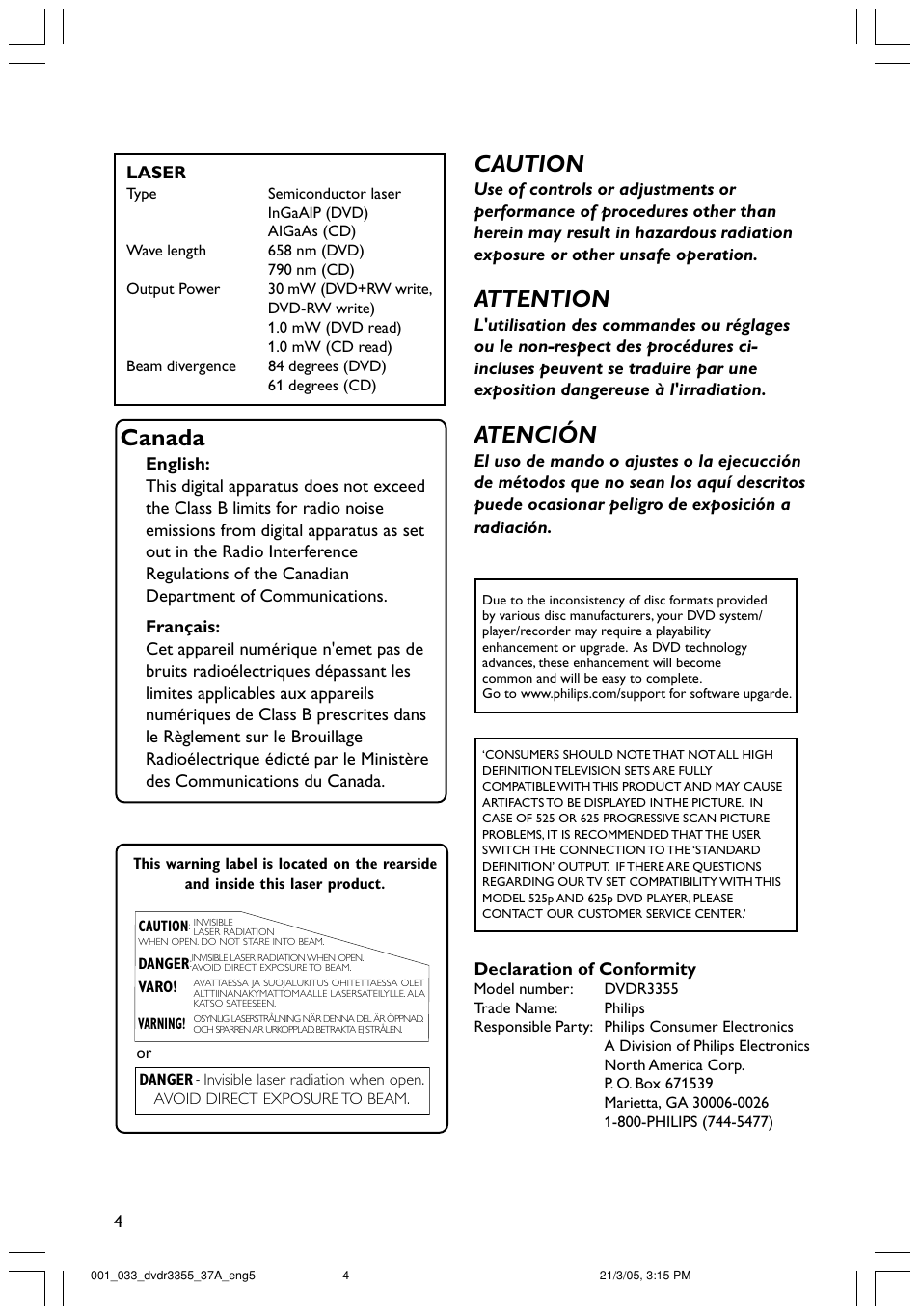 Canada, Caution, Attention | Atención | Philips DVDR3355-37B User Manual | Page 4 / 60