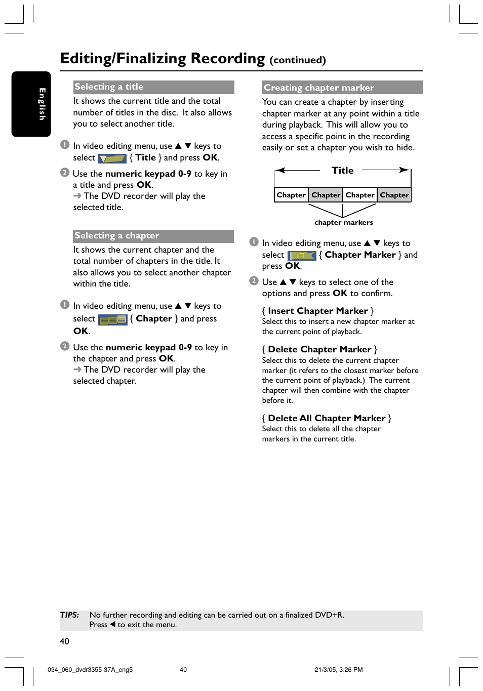 Editing/finalizing recording | Philips DVDR3355-37B User Manual | Page 40 / 60