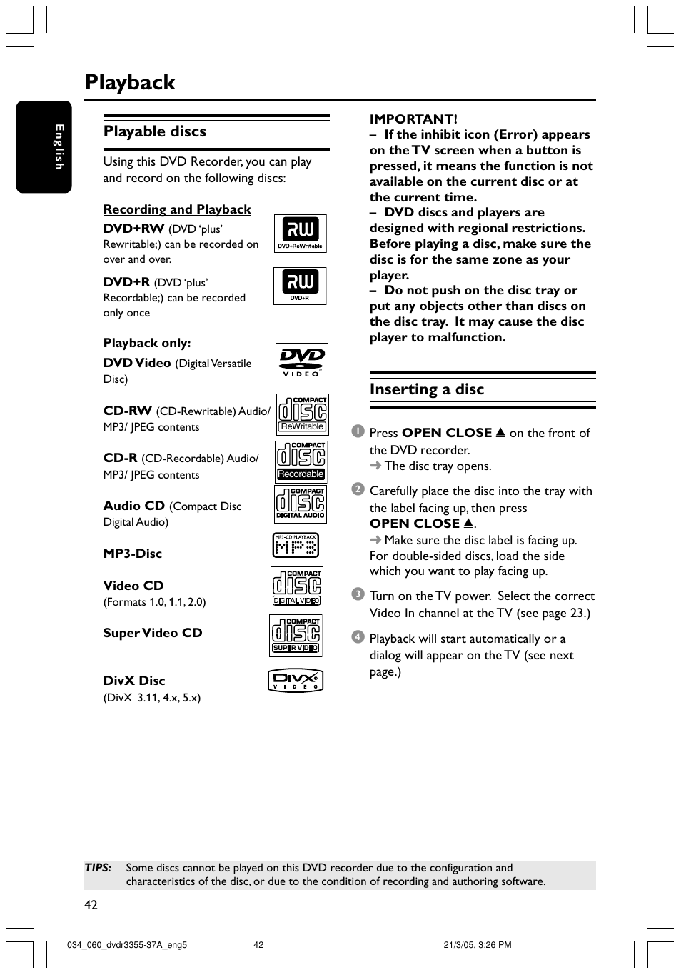 Playback, Playable discs, Inserting a disc 1 | Philips DVDR3355-37B User Manual | Page 42 / 60