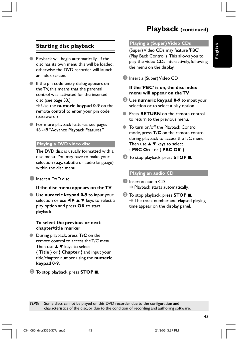 Playback, Starting disc playback | Philips DVDR3355-37B User Manual | Page 43 / 60