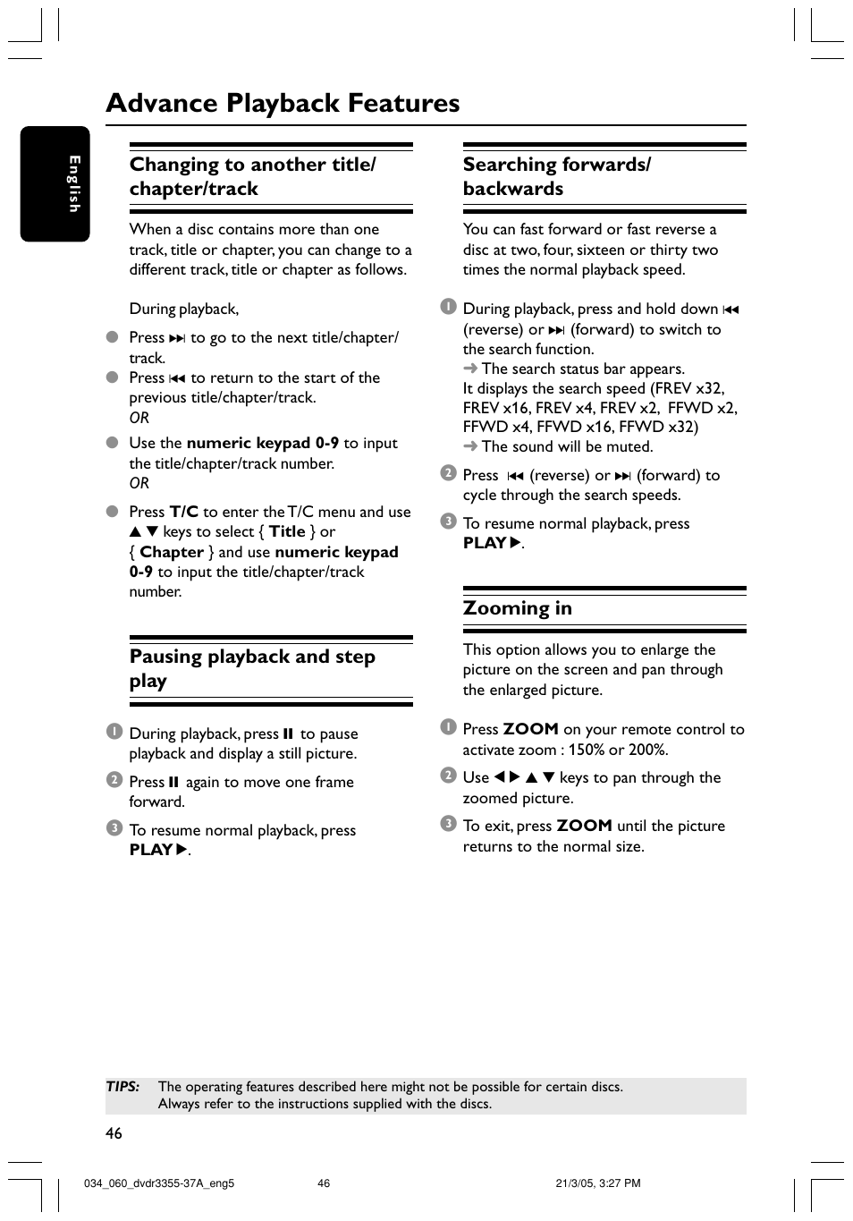 Advance playback features | Philips DVDR3355-37B User Manual | Page 46 / 60