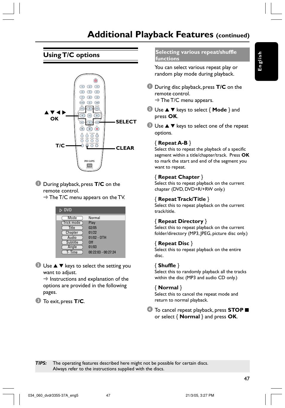 Additional playback features, Using t/c options | Philips DVDR3355-37B User Manual | Page 47 / 60