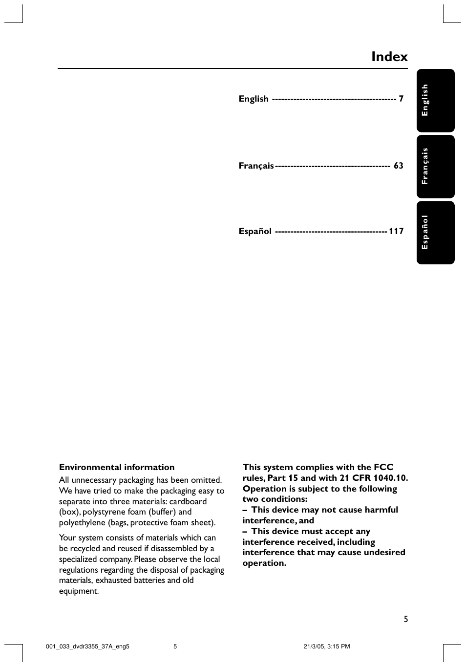 Index | Philips DVDR3355-37B User Manual | Page 5 / 60