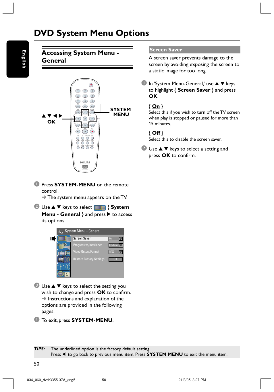 Dvd system menu options, Accessing system menu - general | Philips DVDR3355-37B User Manual | Page 50 / 60