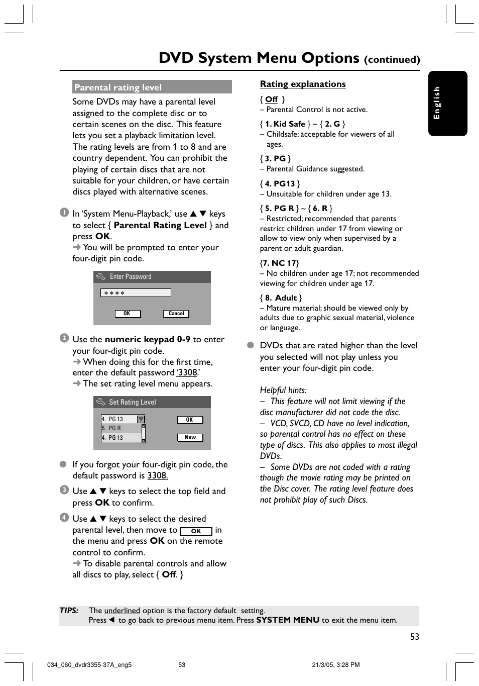 Dvd system menu options, Continued) | Philips DVDR3355-37B User Manual | Page 53 / 60