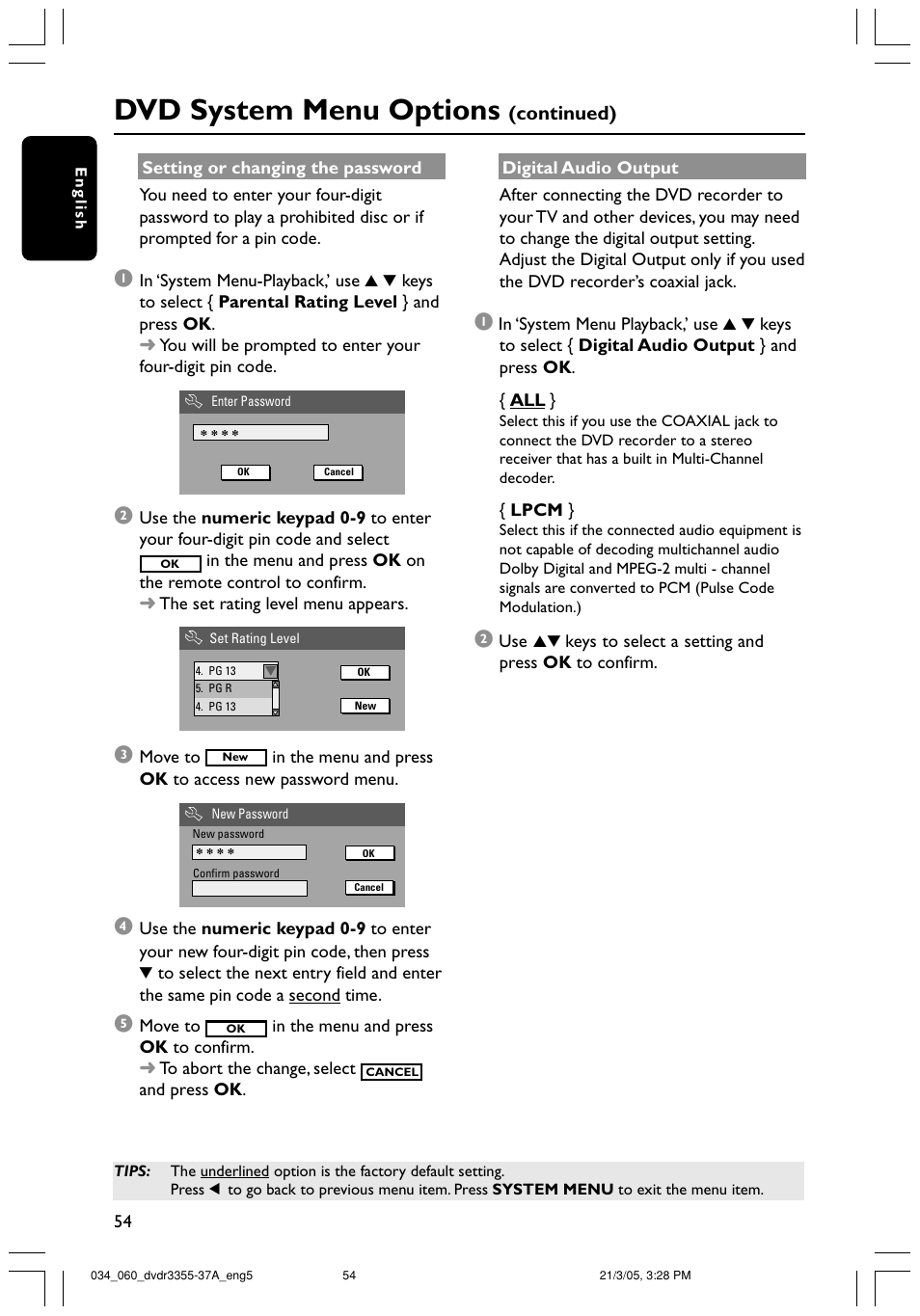 Dvd system menu options, Continued) | Philips DVDR3355-37B User Manual | Page 54 / 60