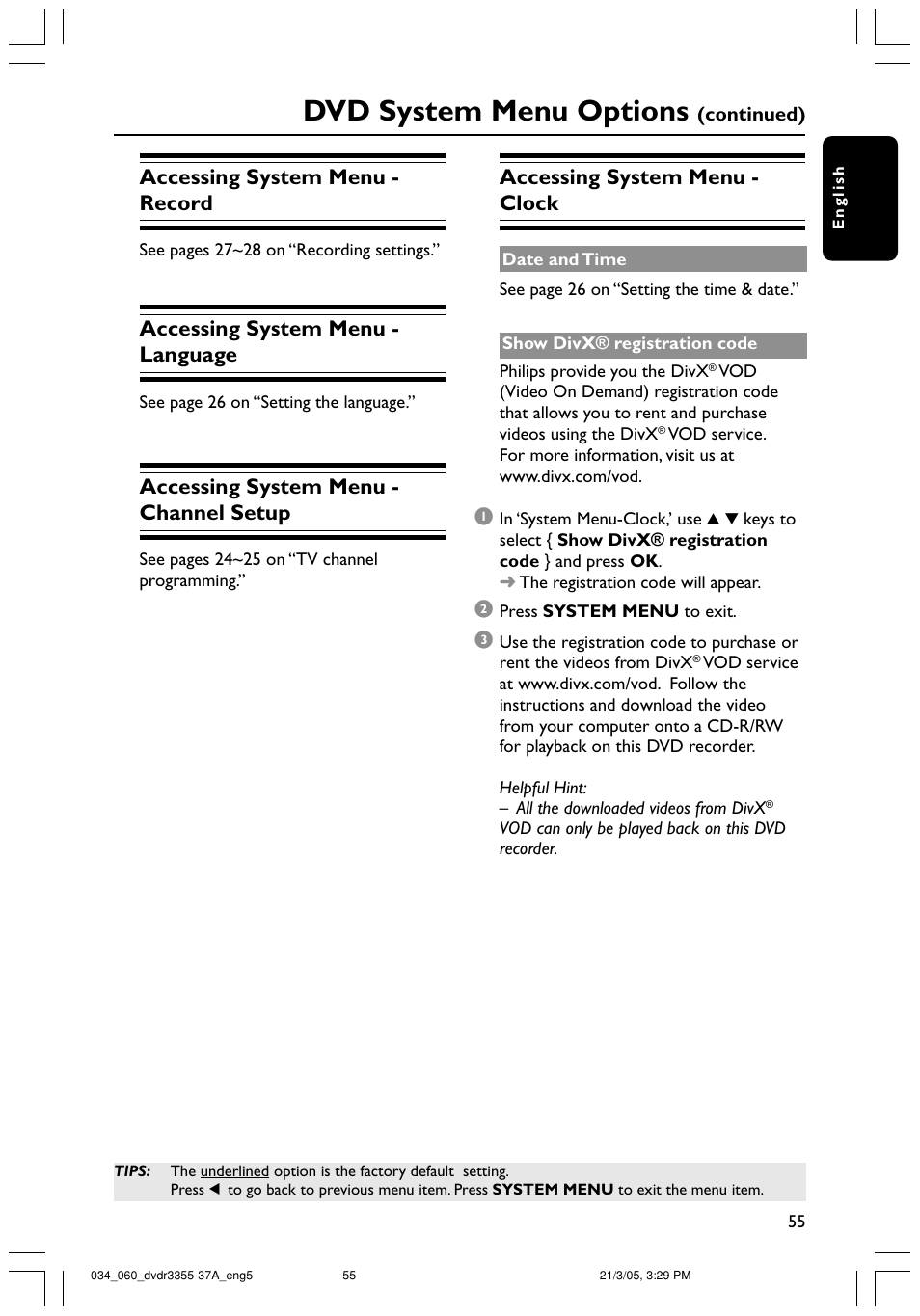 Dvd system menu options, Accessing system menu - record, Accessing system menu - language | Accessing system menu - channel setup, Accessing system menu - clock | Philips DVDR3355-37B User Manual | Page 55 / 60