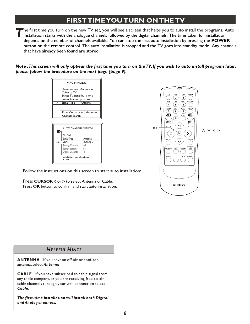 Т³гж 8, First time you turn on the tv | Philips 27PT9007D-17 User Manual | Page 8 / 37