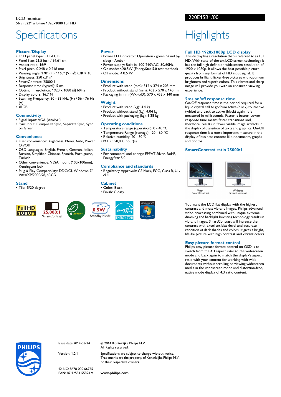 Specifications, Highlights | Philips 220E1SB1-00 User Manual | Page 2 / 2