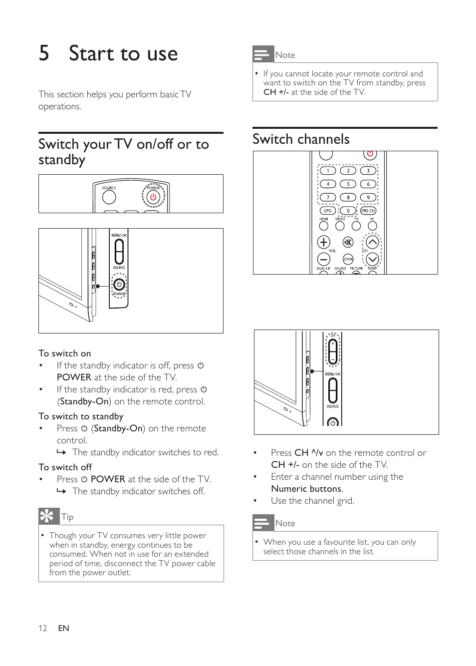 5 start to use, Switch channels, Switch your tv on/off or to standby | Philips 231T1SB-00 User Manual | Page 14 / 31