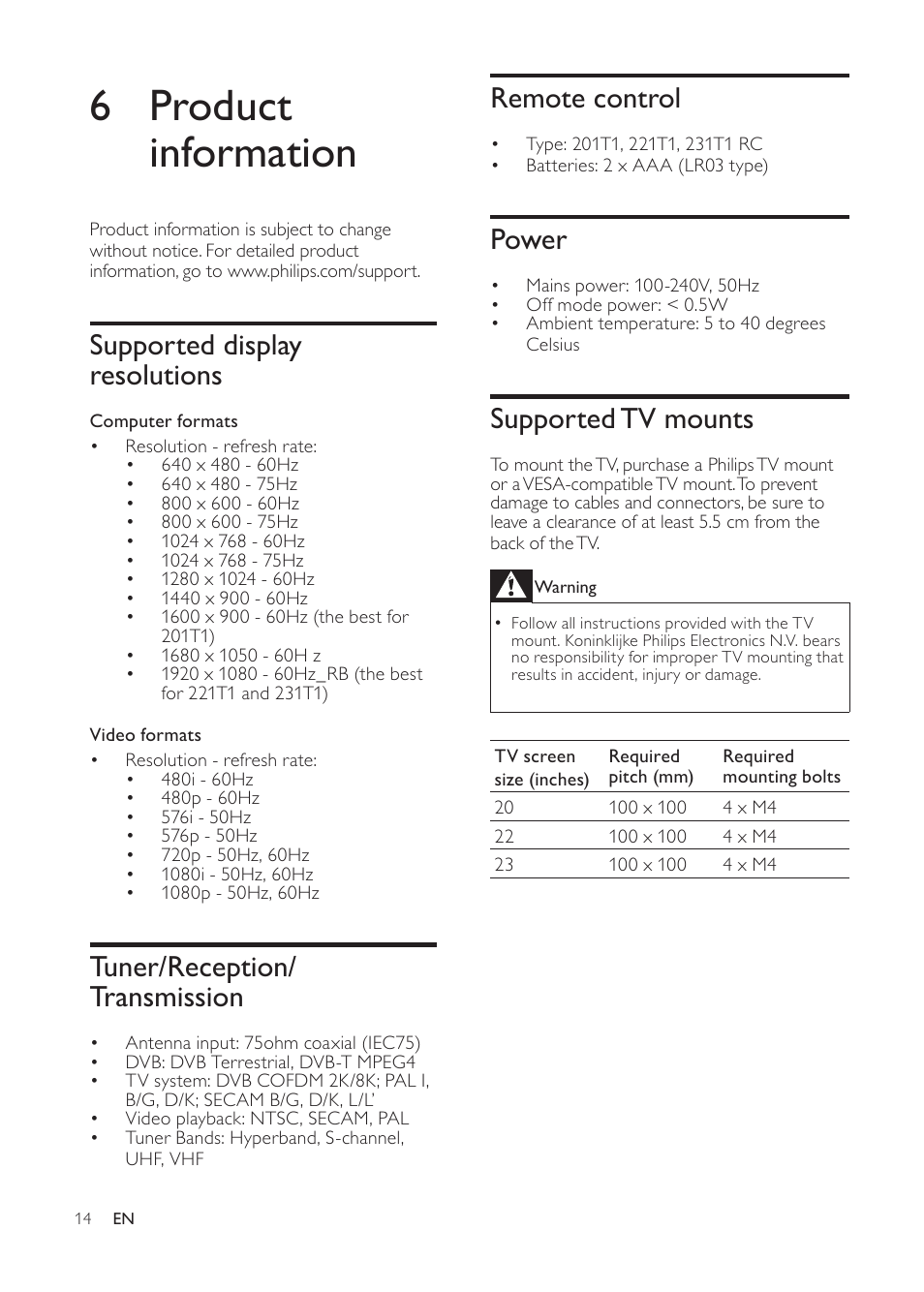 6 product information, Remote control, Power | Supported tv mounts, Supported display resolutions, Tuner/reception/ transmission | Philips 231T1SB-00 User Manual | Page 16 / 31