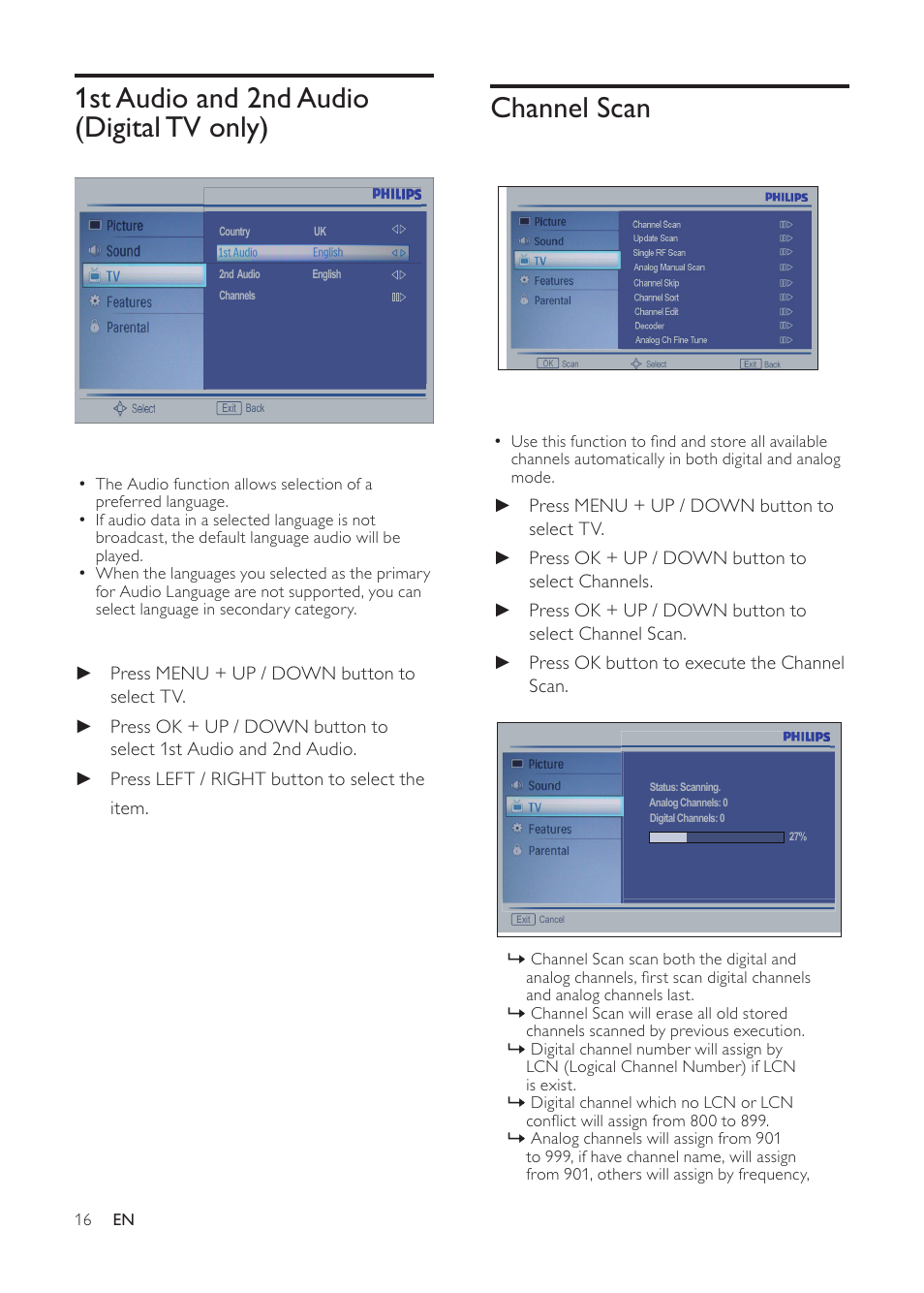 Channel scan, 1st audio and 2nd audio (digital tv only) | Philips 231T1SB-00 User Manual | Page 18 / 31