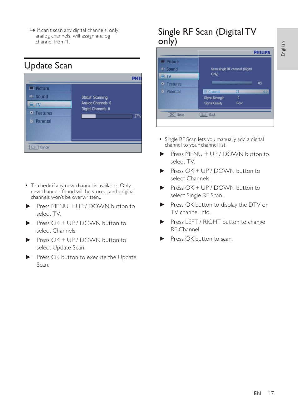 Single rf scan (digital tv only), Update scan | Philips 231T1SB-00 User Manual | Page 19 / 31