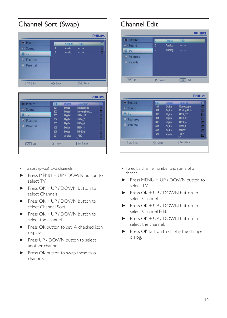 Channel edit, Channel sort (swap) | Philips 231T1SB-00 User Manual | Page 21 / 31