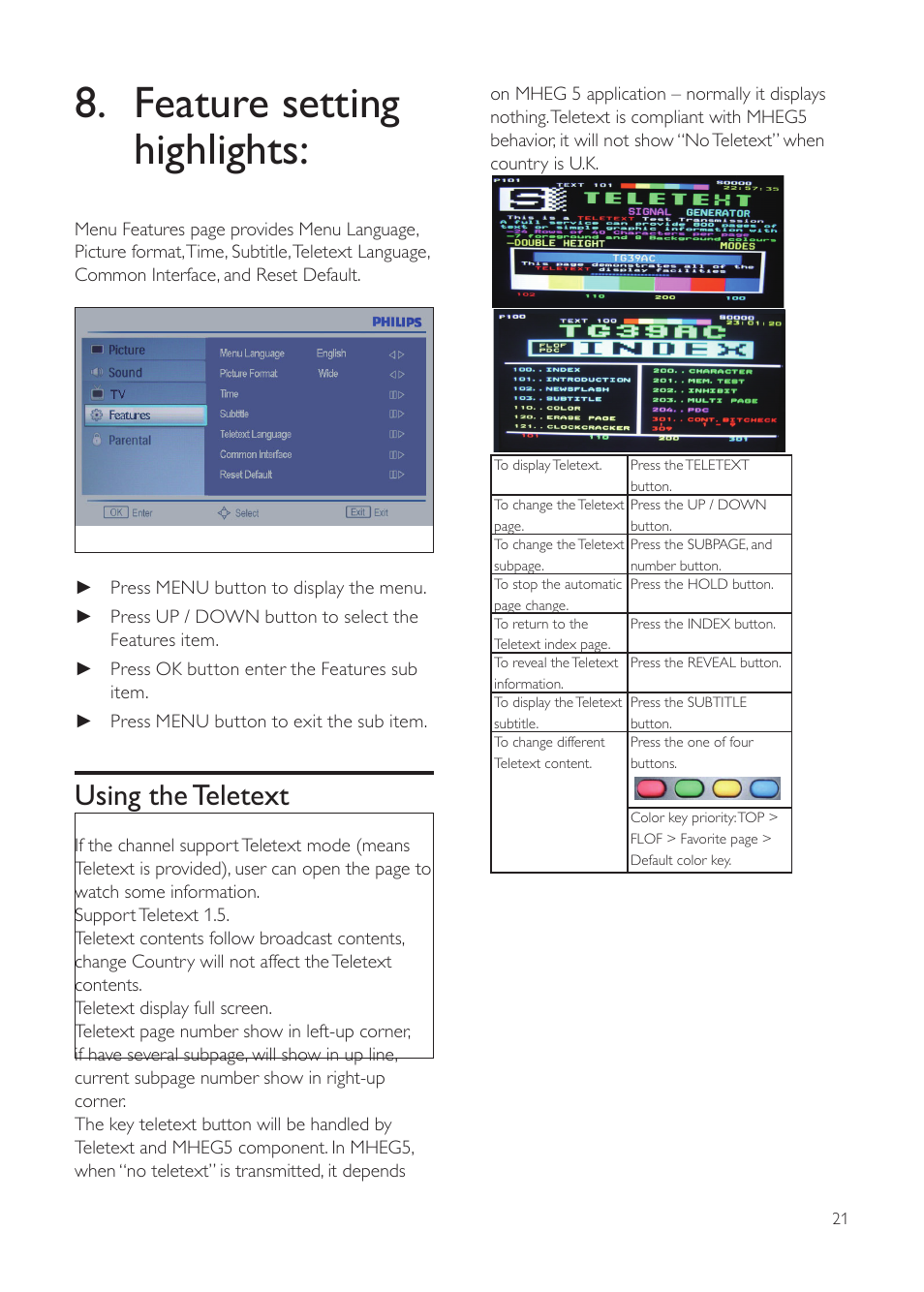 Feature setting highlights, Using the teletext | Philips 231T1SB-00 User Manual | Page 23 / 31