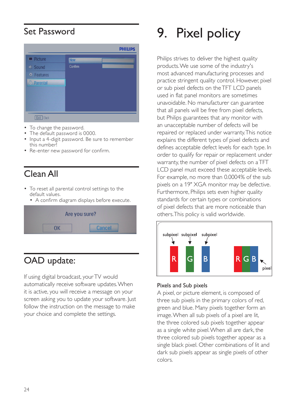 Pixel policy, Set password, Clean all | Oad update | Philips 231T1SB-00 User Manual | Page 26 / 31