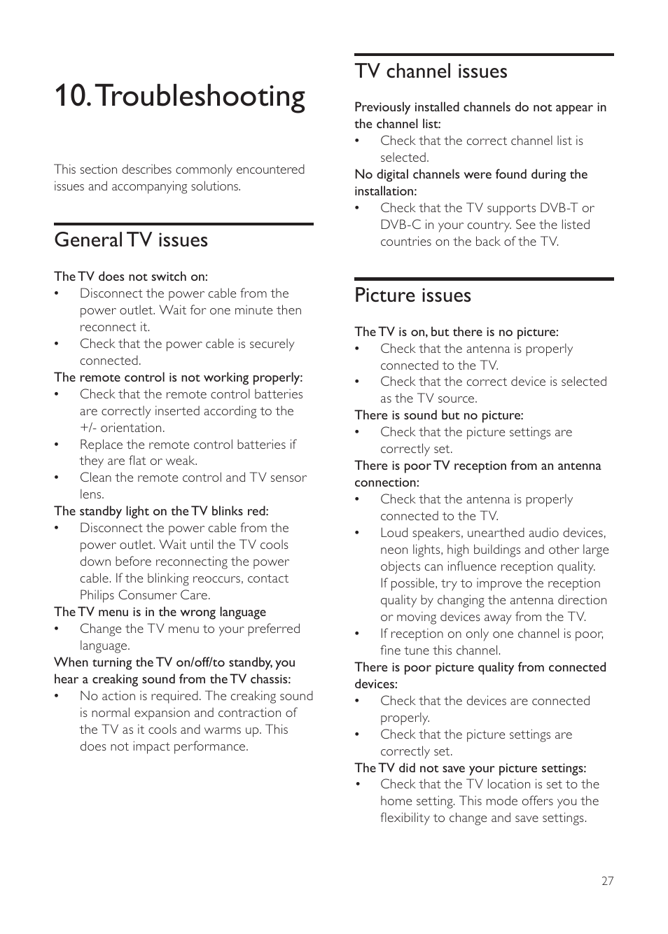 Troubleshooting, Tv channel issues, Picture issues | General tv issues | Philips 231T1SB-00 User Manual | Page 29 / 31