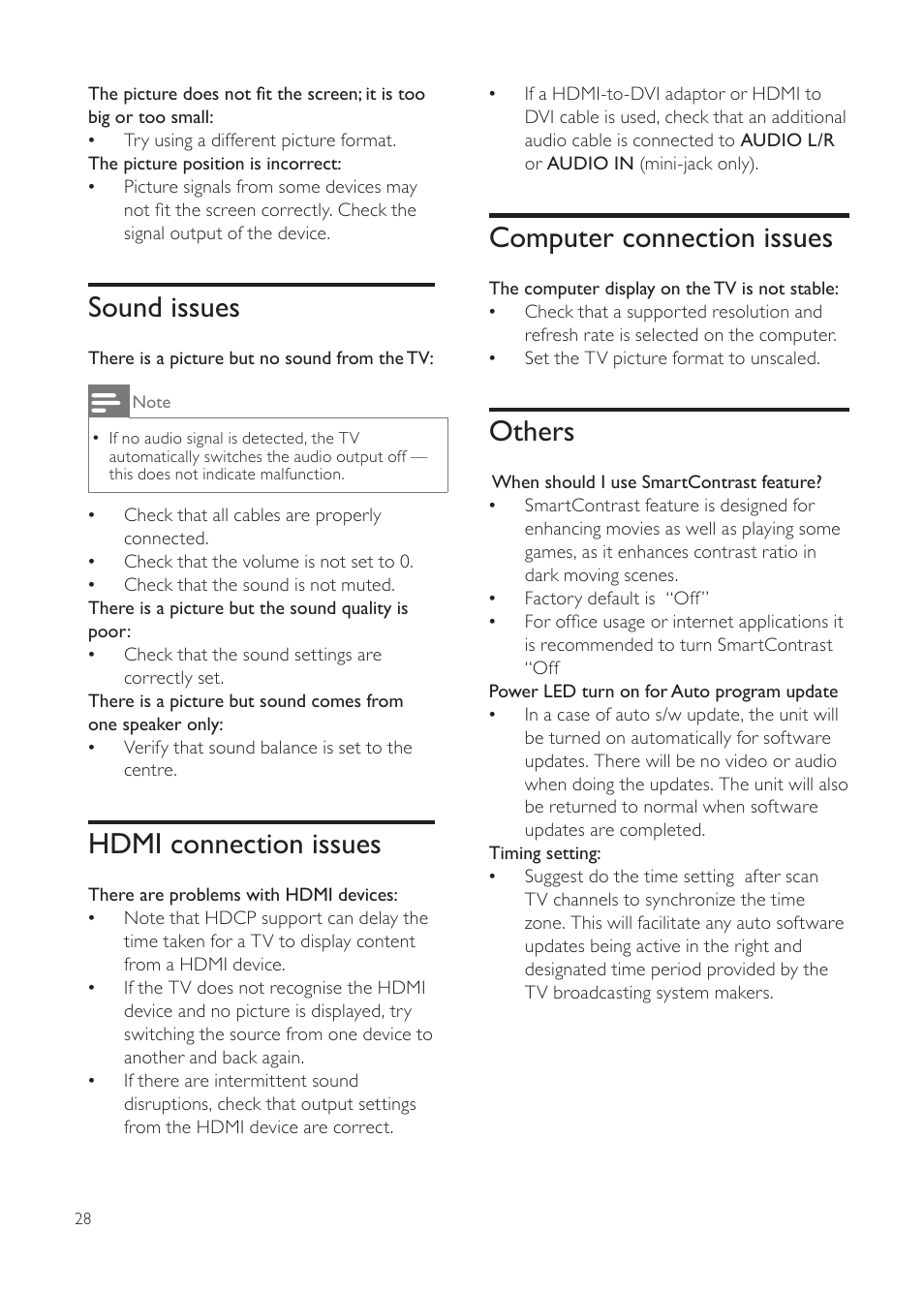 Sound issues, Hdmi connection issues, Computer connection issues | Others | Philips 231T1SB-00 User Manual | Page 30 / 31