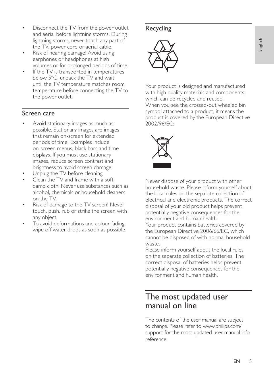 The most updated user manual on line, Recycling, Screen care | Philips 231T1SB-00 User Manual | Page 7 / 31