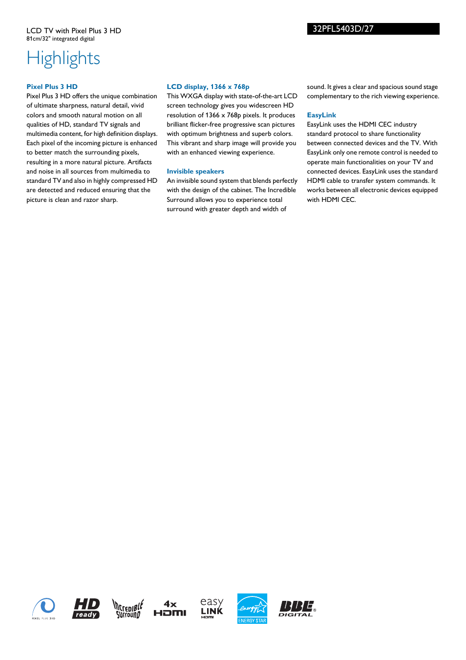 Highlights | Philips 32PFL5403D-27 User Manual | Page 2 / 3