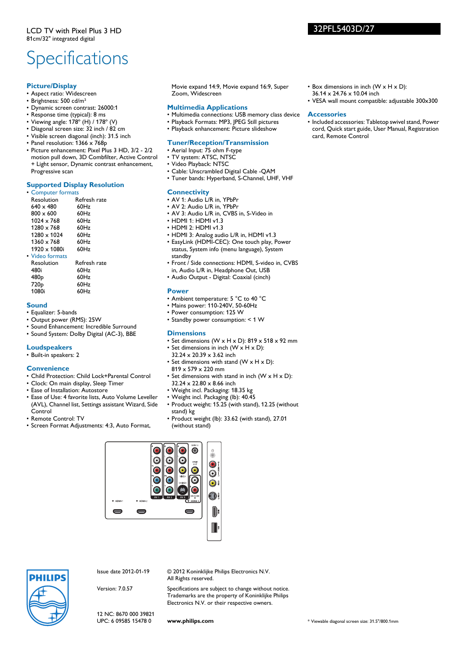 Specifications | Philips 32PFL5403D-27 User Manual | Page 3 / 3