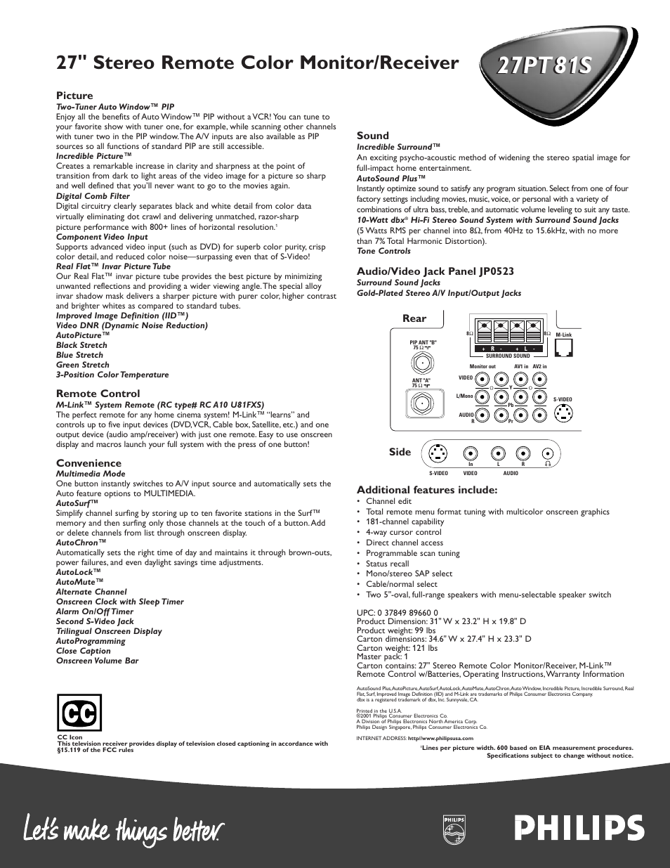 27pt81s, 27" stereo remote color monitor/receiver, Picture | Remote control, Convenience, Sound, Audio/video jack panel jp0523, Additional features include, Rear side | Philips 27 in REAL FLAT COLOR TV ESTIMATE S User Manual | Page 2 / 2