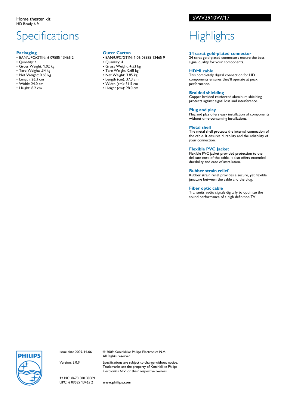 Specifications, Highlights | Philips SWV3910W-17 User Manual | Page 2 / 2