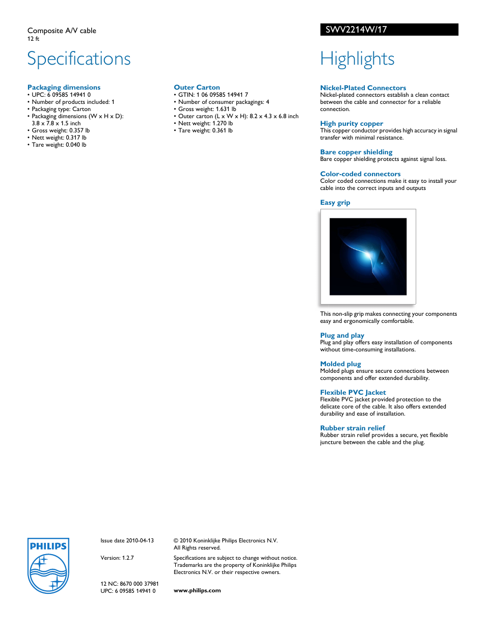 Specifications, Highlights | Philips SWV2214W-17 User Manual | Page 2 / 2