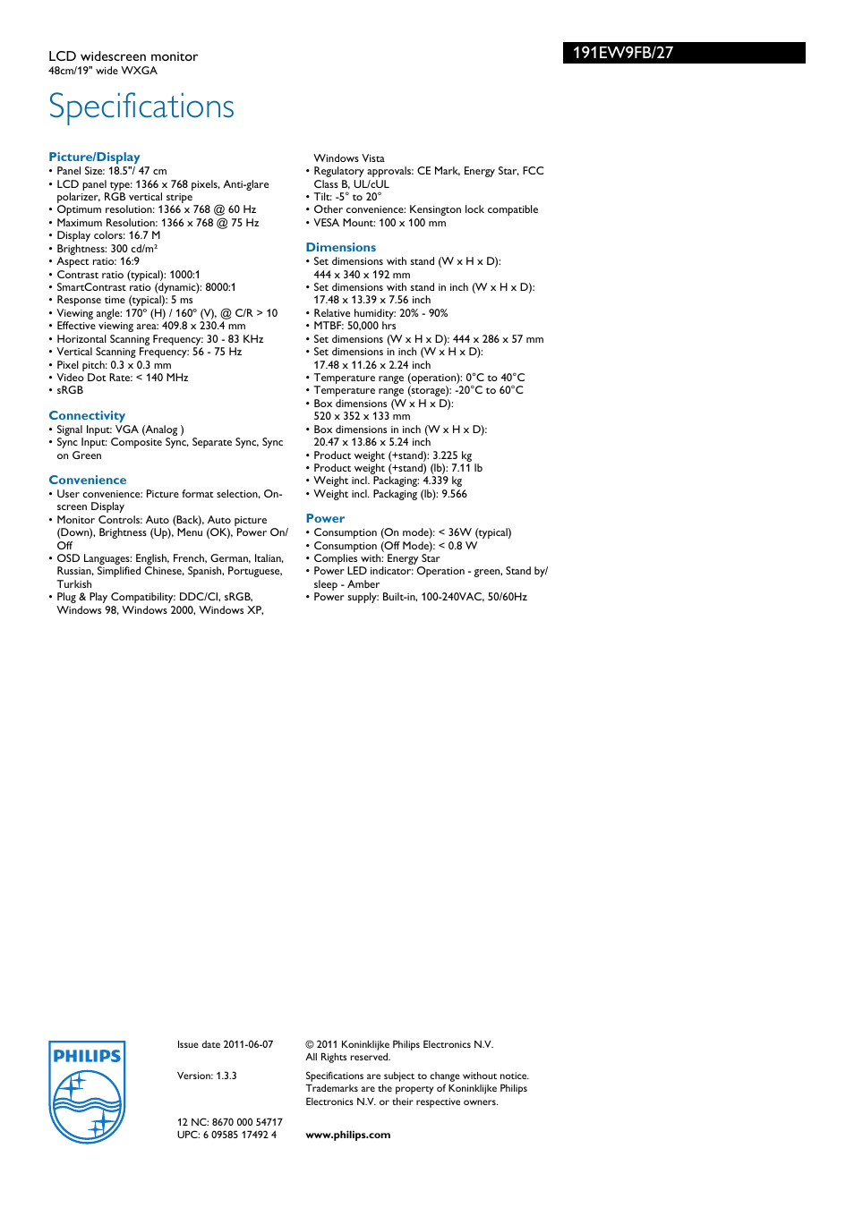 Specifications | Philips 191EW9FB-27 User Manual | Page 3 / 3